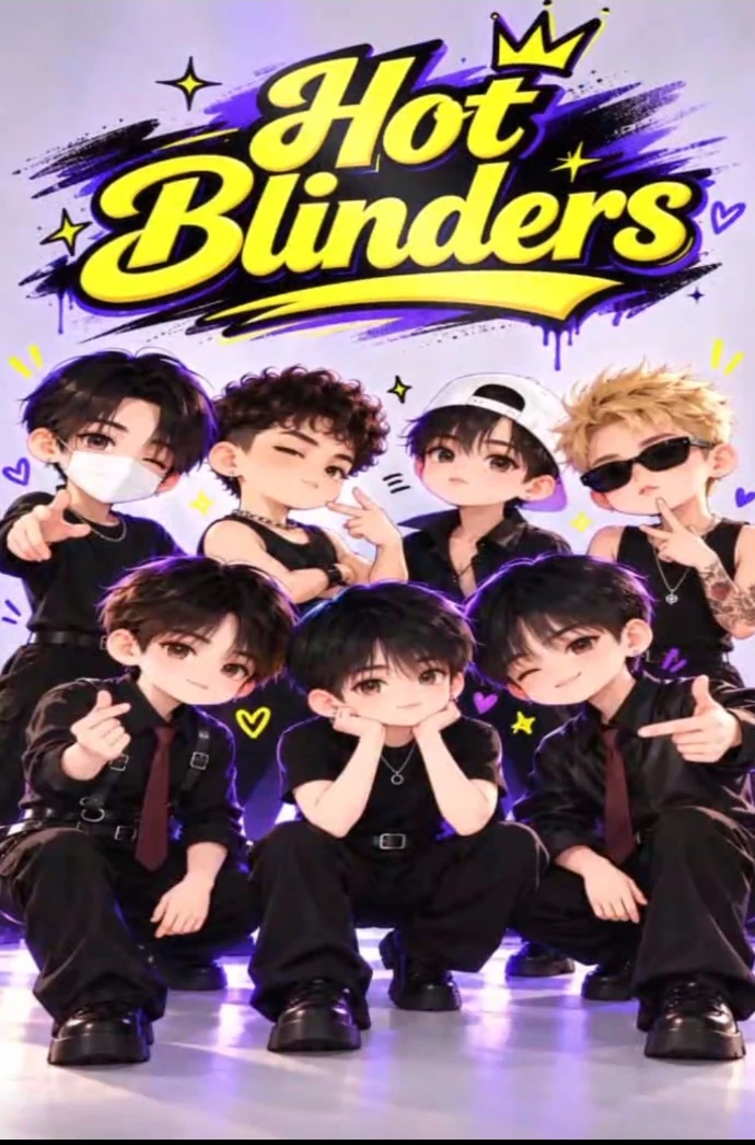 Colorful illustrated Hot Blinders artwork with seven cartoon-style dancers and yellow and purple logo